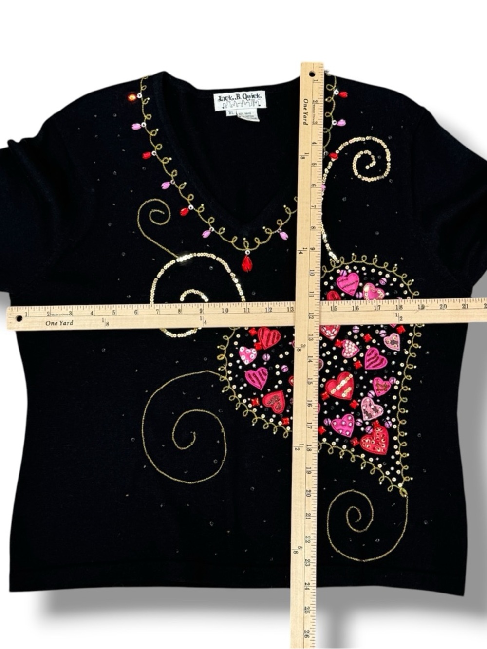 Vintage 90s Jack B Quick Embroidered Beaded Heart Cottagecore Sweater Black XL - Picture 10 of 11